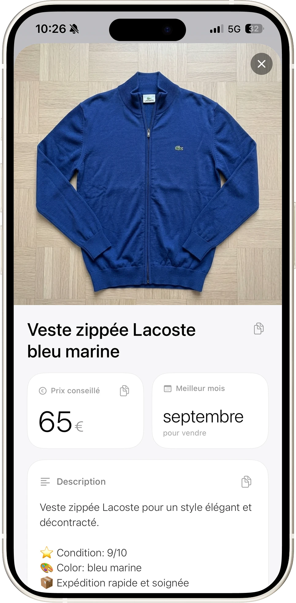 Annonce générée par Sell AI : veste zippée Lacoste bleu marine, prix conseillé 65 €